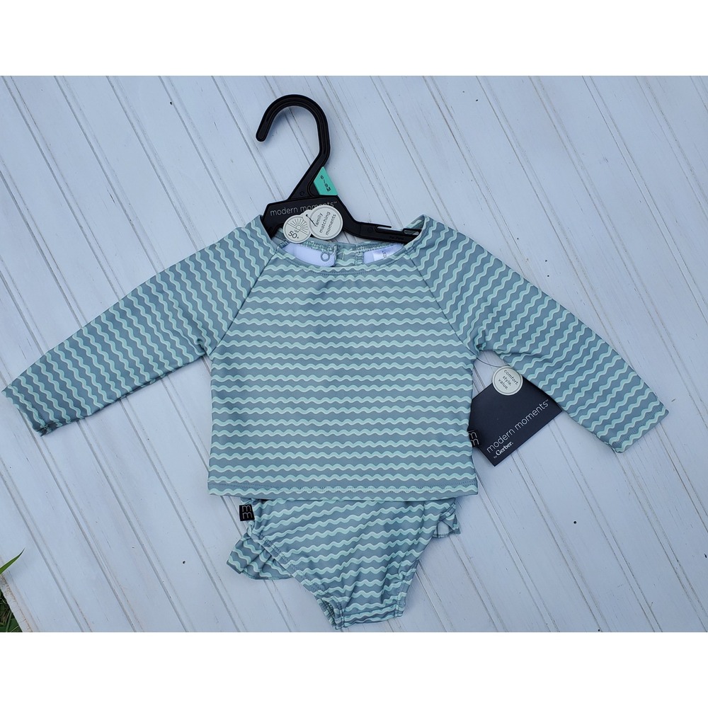 Modern Moments by Gerber Baby Girls Rash Guard Swimsuit Set Green Wavy 6-9M NEW